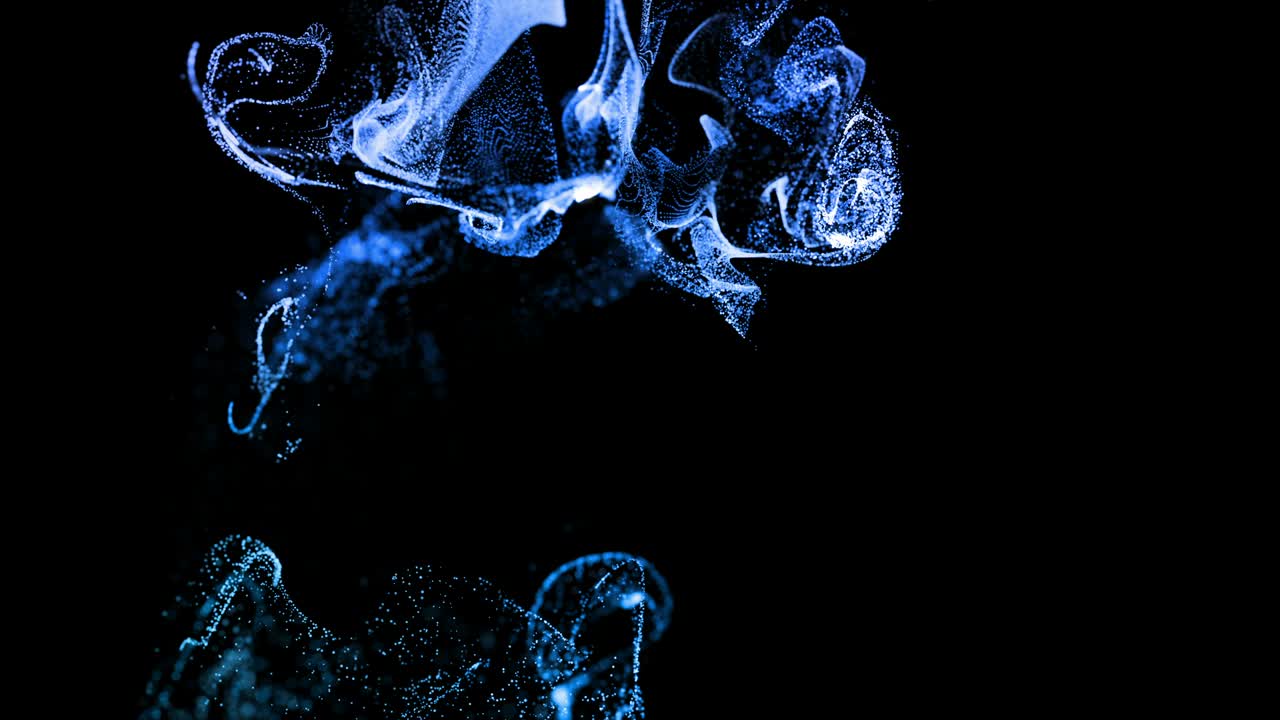 카메라 앞의 액체 흐름에서 느린 동작으로 움직이는 4k 빛의 입자, 빛나는 입자에 대한 3d 잉크 효과, 아드션, 알파 채널로 루마 매트를 사용하여 입자를 잘라내기.