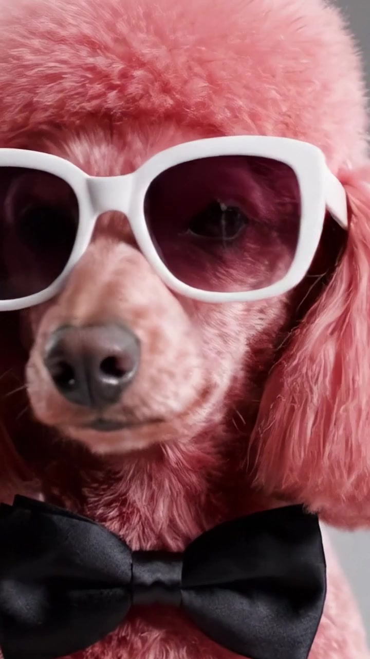 Barboncino rosa elegante con occhiali da sole e papillon: una dichiarazione di moda accattivante per animali domestici che mostra personalità e fascino