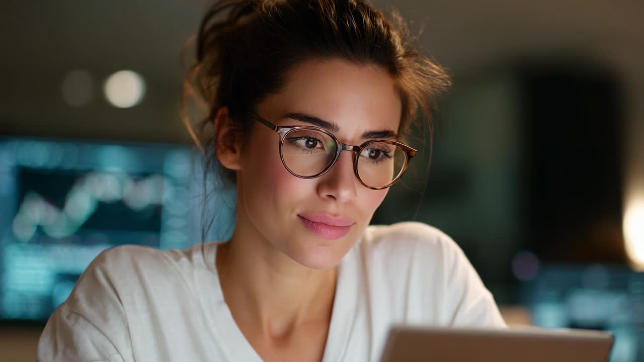 Focused Young Woman with Glasses Analyzing Data on Tablet in Dimly Lit Room, Illuminated by Soft Light with Graphs in Background, Illustrating Concentration and Modern Technology Use