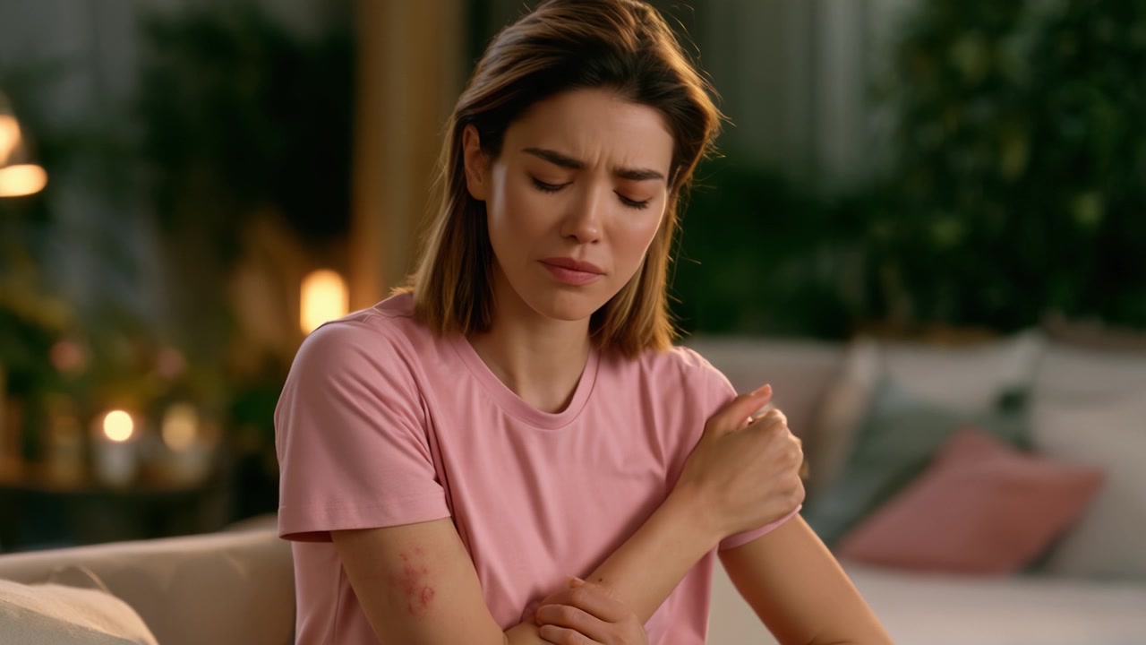 A Young Woman Expresses Discomfort and Concern While Touching Her Arm, Highlighting Emotional Struggles and Physical Pain in a Serene Setting
