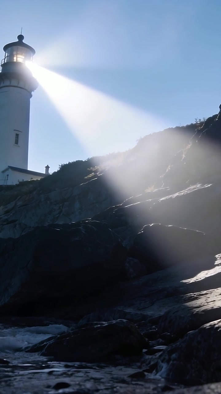 Video verticale: Faro rotante che proietta luce sulle rocce per avvertire le barche, spazio per il testo.