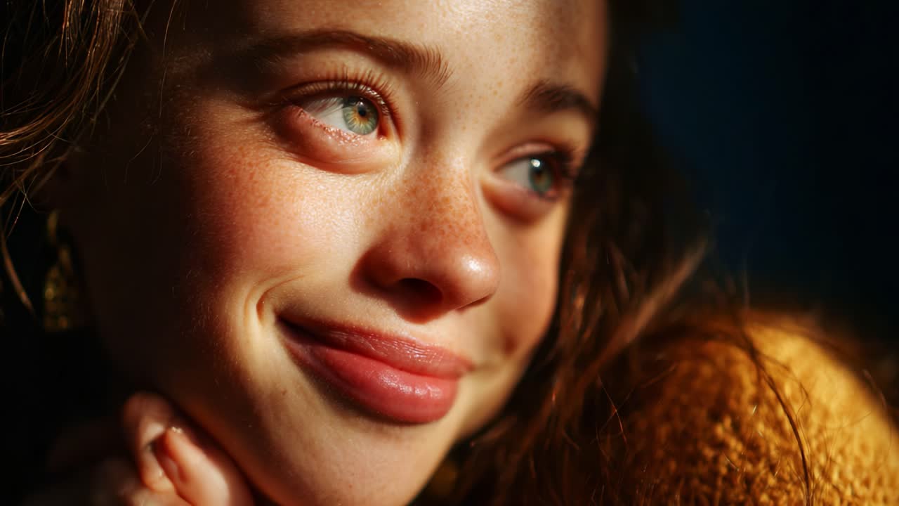 Captivating Close-Up of a Young Woman's Joyful Expression, Radiating Happiness and Serenity, Emphasized by Natural Light and Warm Tones Creating a Cozy Atmosphere