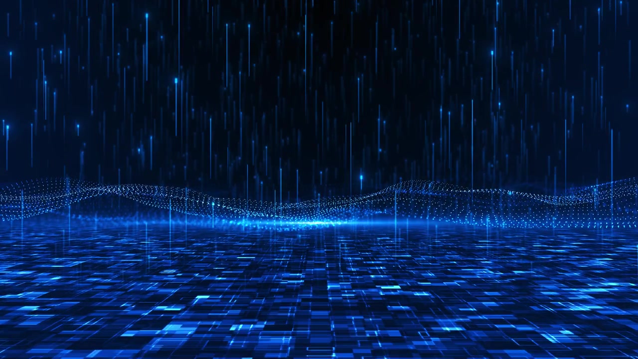 未来的なデータフロア、雨の視覚効果、青い粒子グリッド、光の柱、光る波状メッシュ、AI。