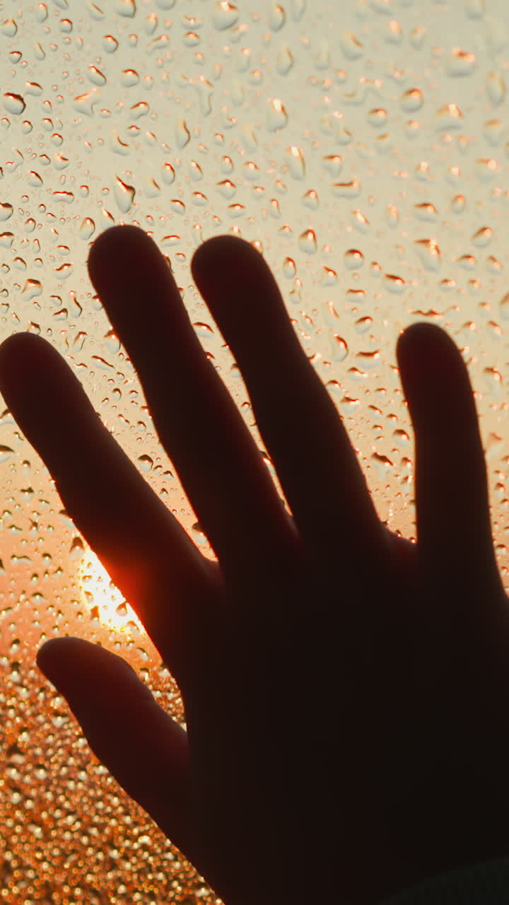 silueta de palma en la ventana con gotas de agua de primer plano. mano humana toca el vidrio cubierto de gotas de lluvia contra el sol del crepúsculo rojo en un día desagradable. concepto de tristeza