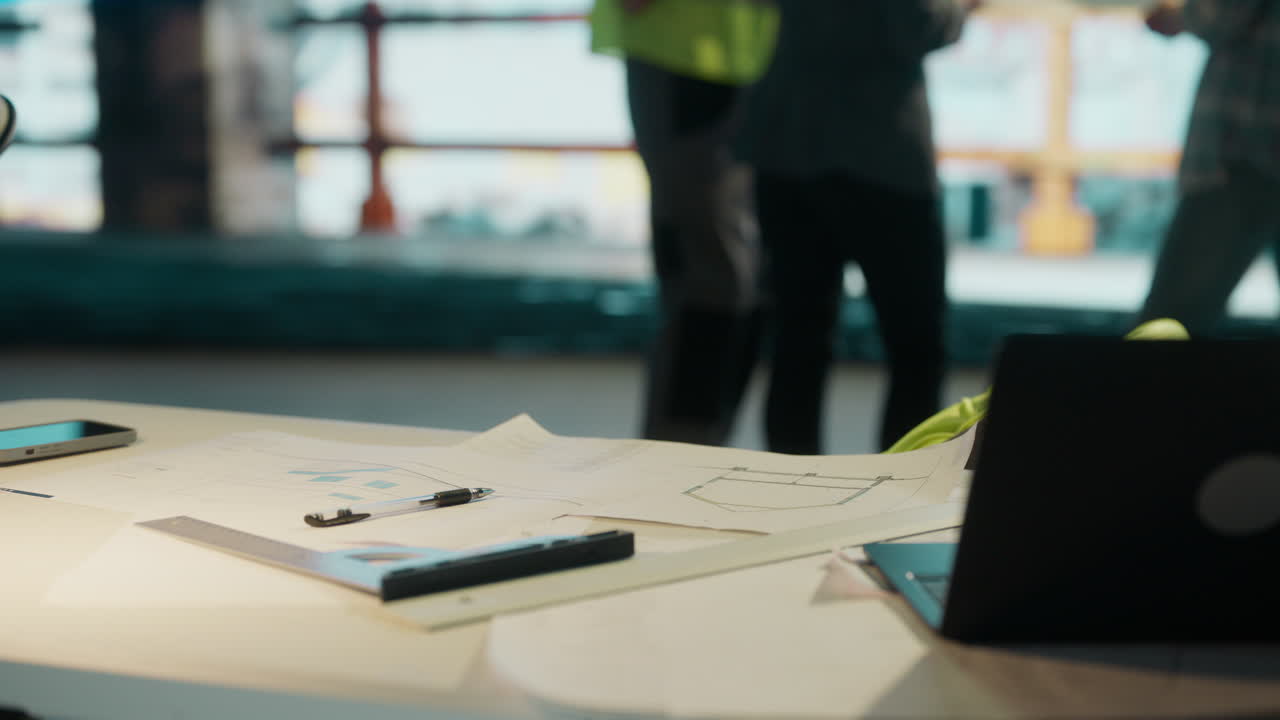 Architectural plans and tools on a desk at a construction site with blurred workers
