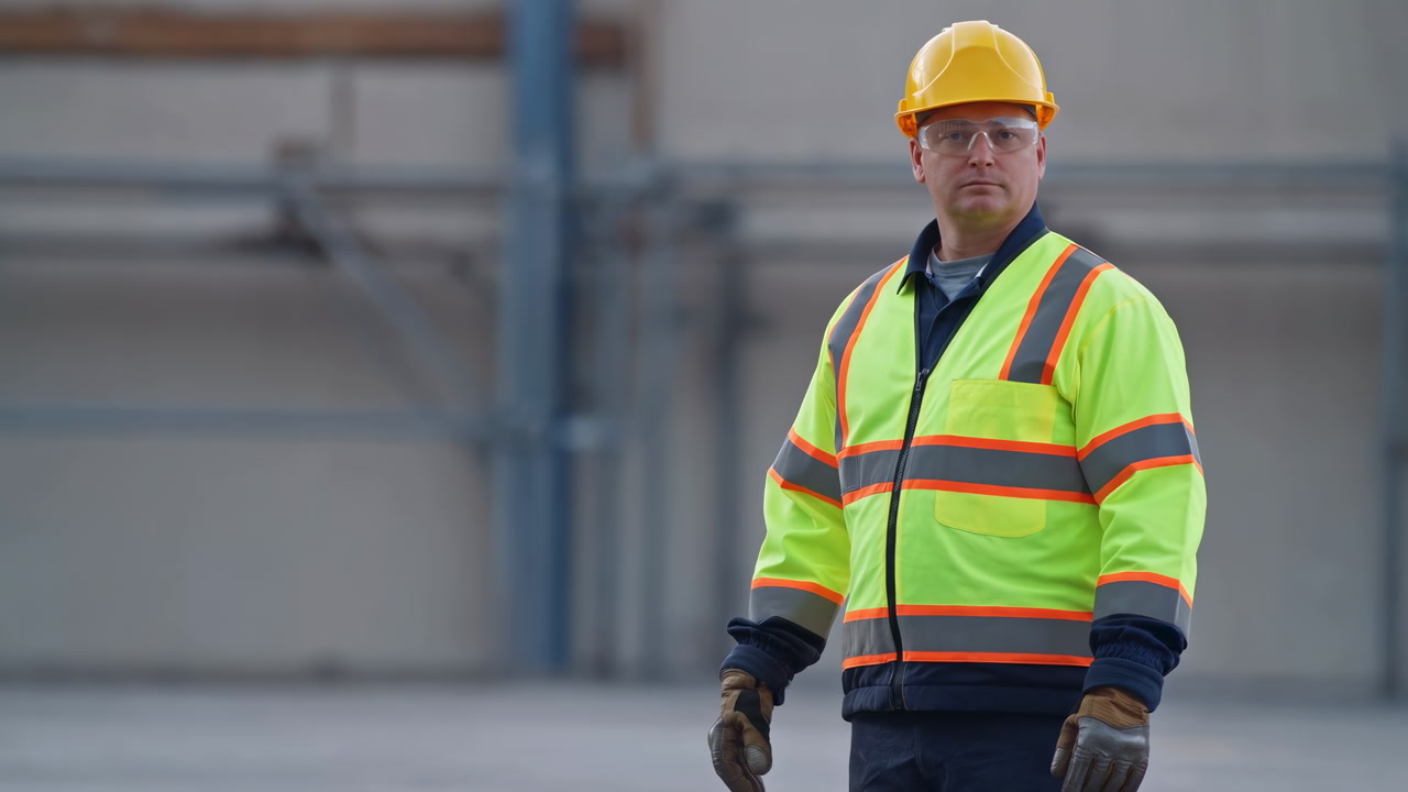 White Construction Foreman In Reflective Jacket Wearing Yellow Hardhat And Gloves Standing In Industrial