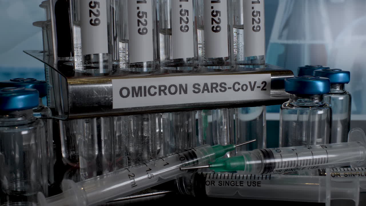 Omicron SARS-CoV-2 Test Tube Samples In Metal Rack Holder. Slow Zoom Out