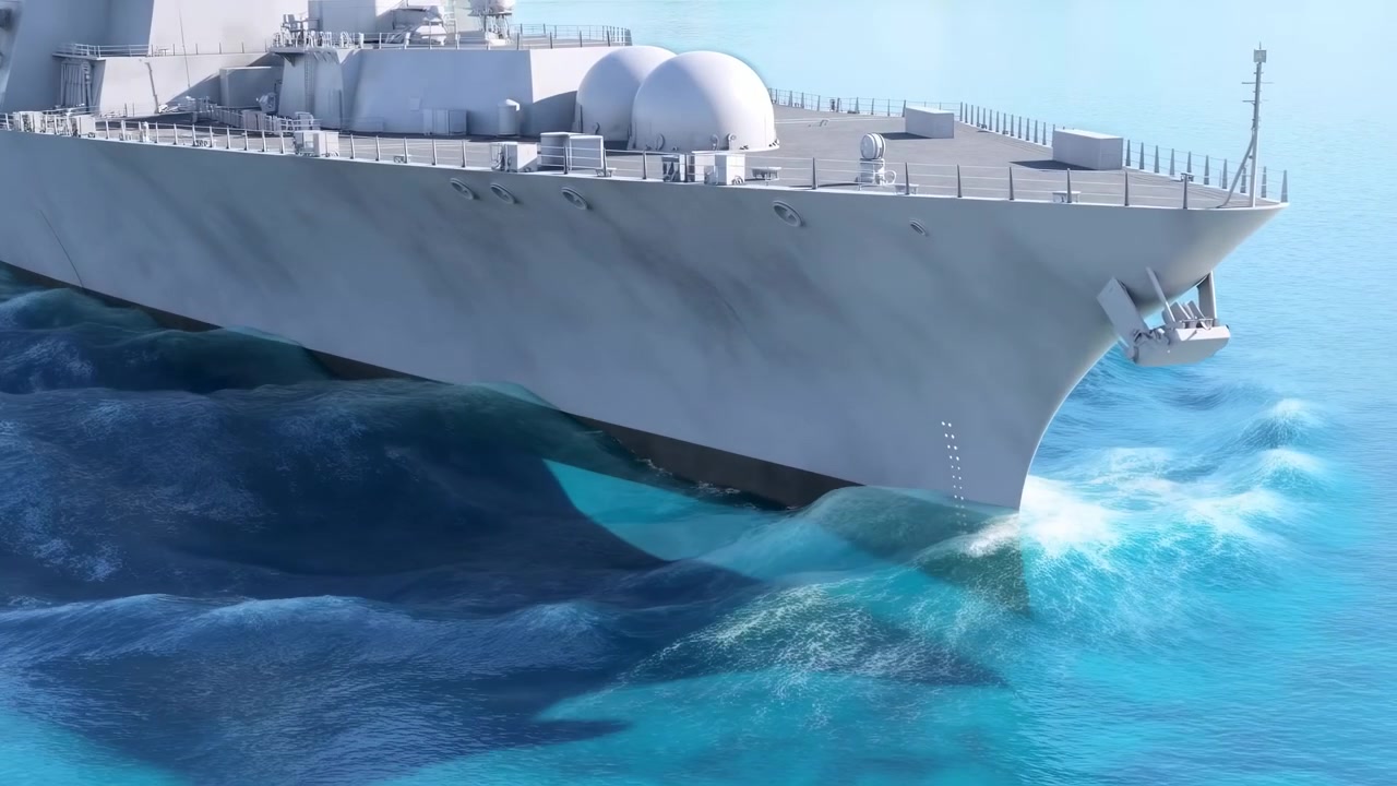 Large gray naval vessel moving steadily through bright open water, viewed from the side with a prominent bow, visible deck structures, and a white wake