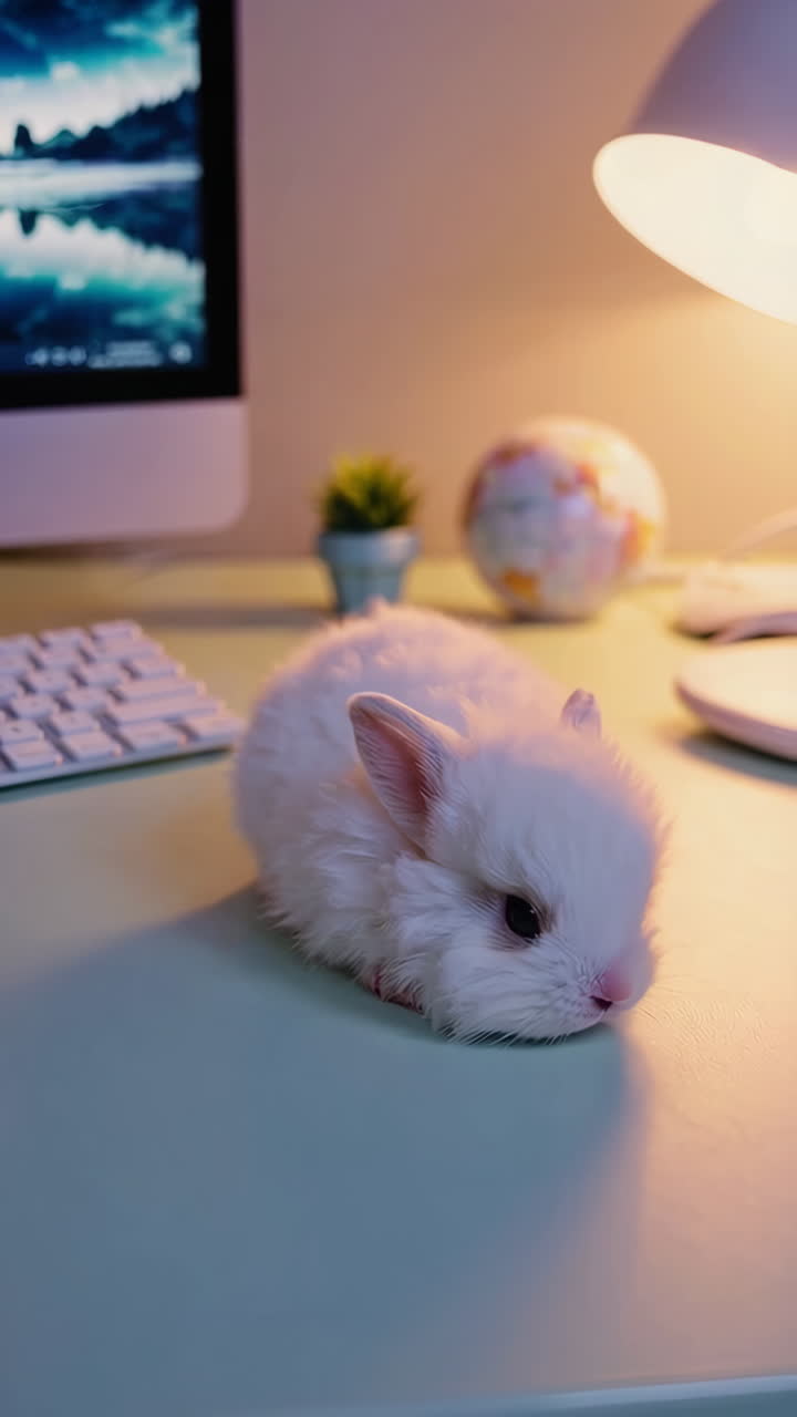 Cute Baby White Rabbit on a Desk