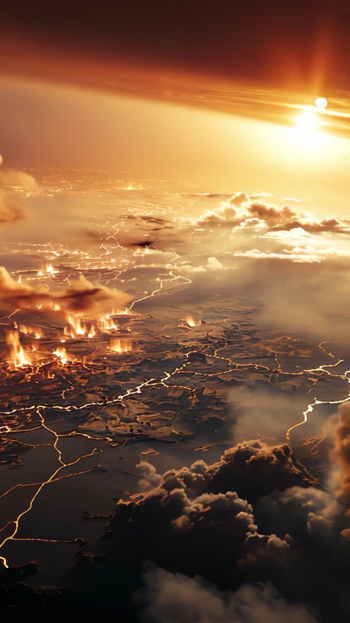 Vista deslumbrante de uma paisagem de fogo sob um céu apocalíptico