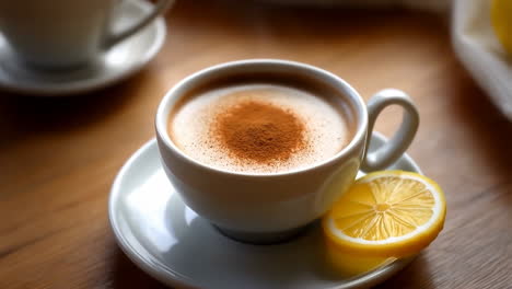 warm beverage with cinnamon and lemon slice