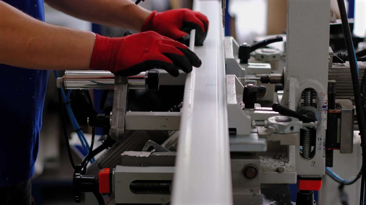 Factory Workers Operating PVC Frame Manufacturing Equipment