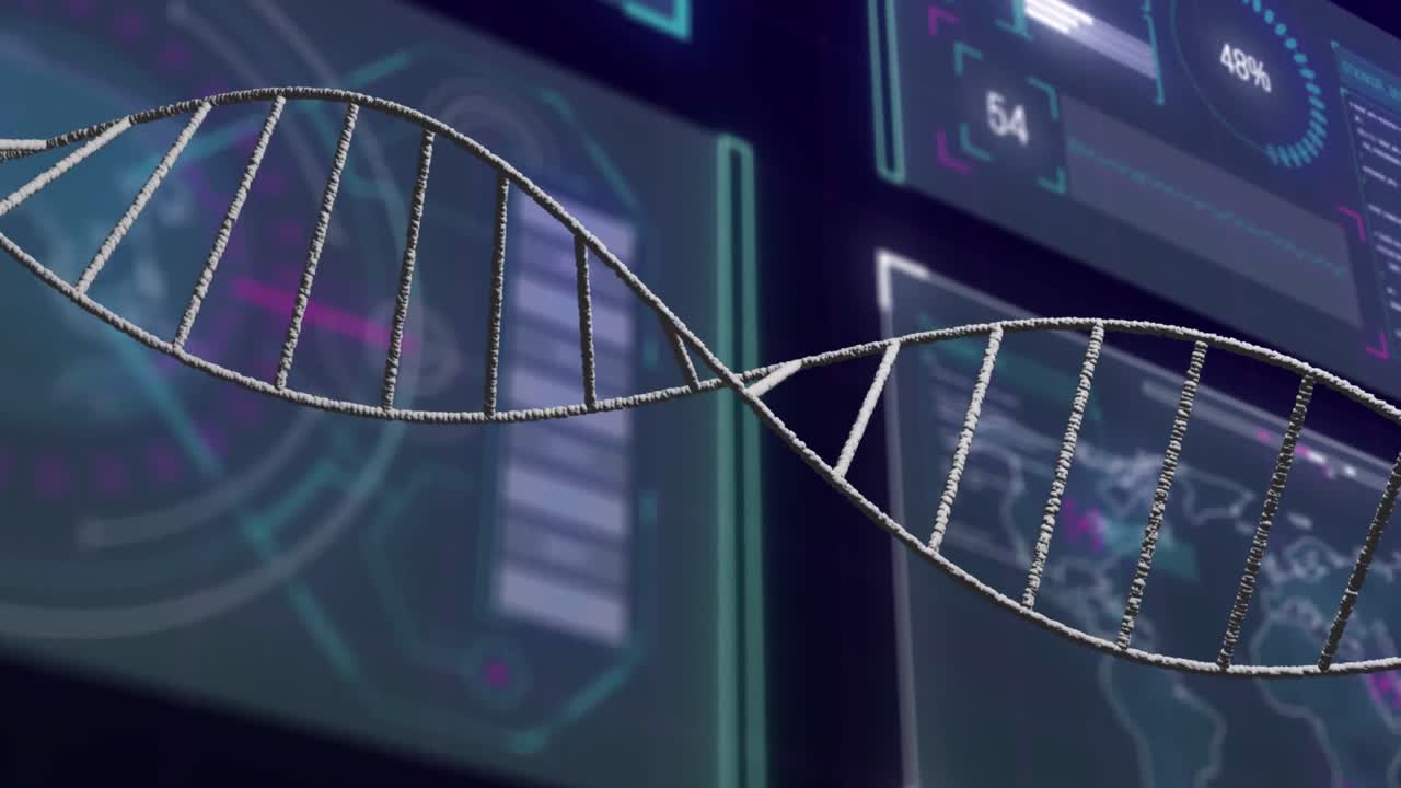 Animation of dna strand over data processing on black background