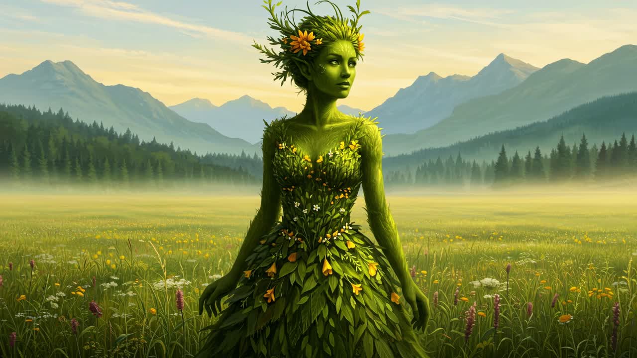 Enchanting forest spirit emerges from vibrant landscape at dawn surrounded by mountains and wildflowers