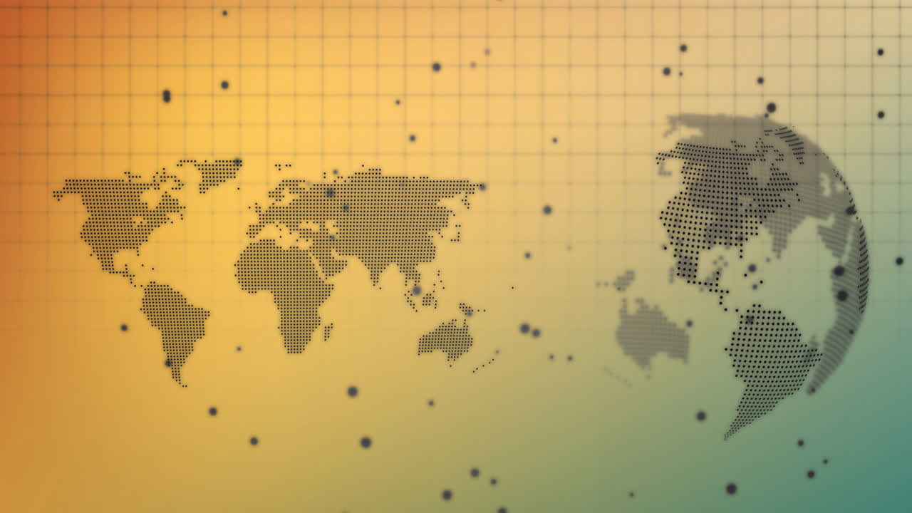 animación de puntos negros sobre el mapa del mundo y el globo giratorio contra un fondo de gradiente naranja