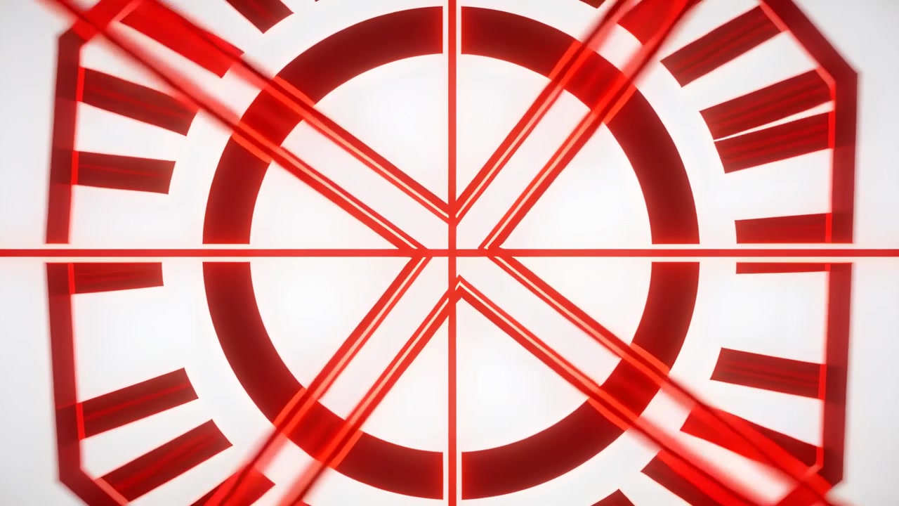 Tynne røde lysstråler kommer inn og aktiverer et sentrert emblem som roterer på et hvitt felt, og danner en åttekantet ring