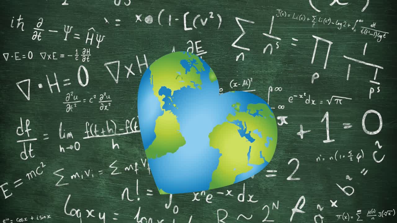 칠판 에 있는 수학 방정식 위 에 있는 지도 와 함께 심장 의 애니메이션