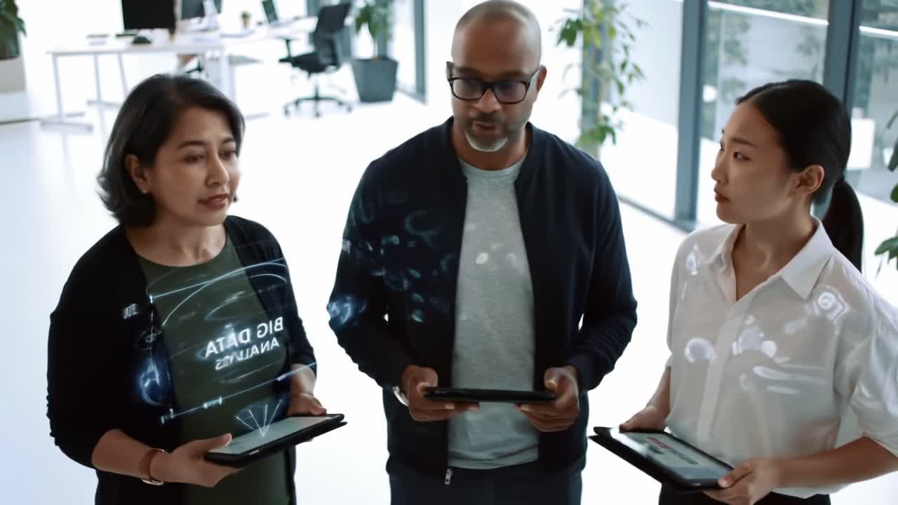 A Collaborative Team Discussion on Big Data Analysis in a Modern Office Space, Showcasing Interactive Technology and Engaged Professionals Sharing Insights