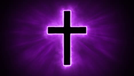 Uplifting-and-deeply-inspiring-reveal-animation-of-a-plain-classic-purple-holy-Christian-crucifix-cross,-in-a-smoky-mystical-glow-and-emating-shining-God-rays-and-light-beams,-on-a-black-background