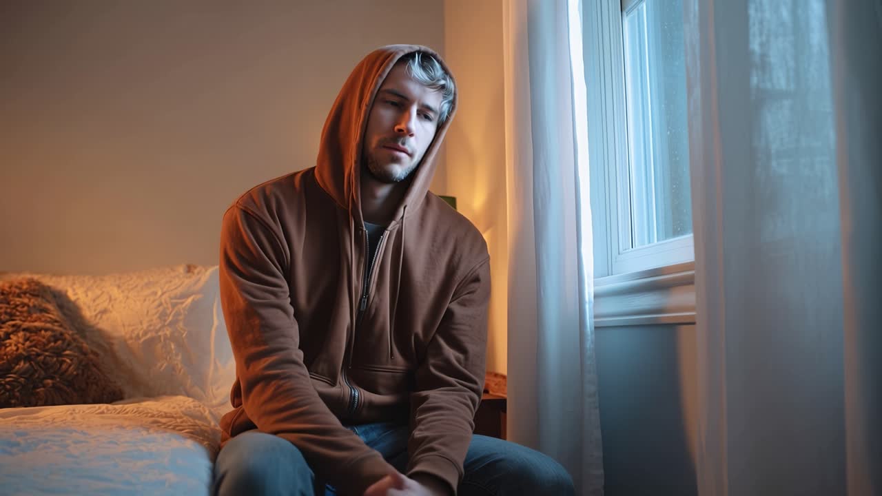Man sits alone, hooded, staring at floor. Room dim, sunlit by window. Frustration or sadness apparent. Ideal for scenes of isolation or inner struggle. No animals or plants present