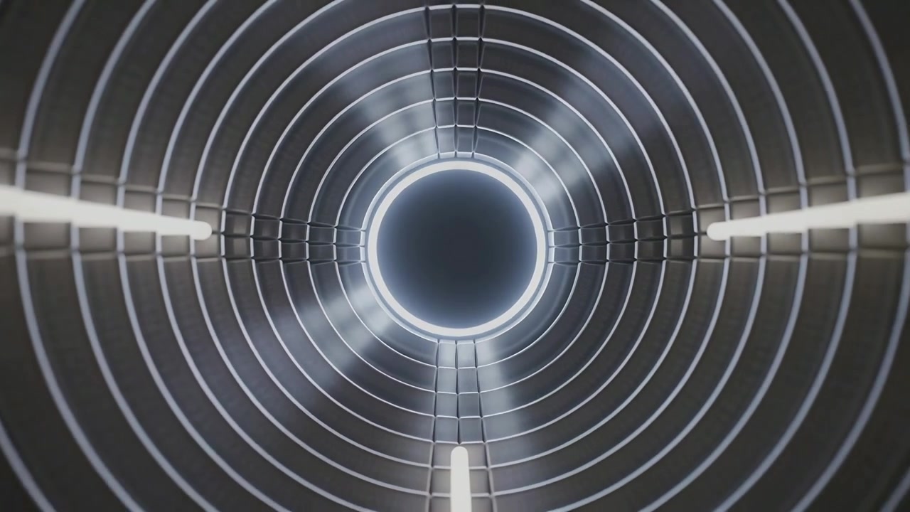 Pulling back camera revealing concentric metallic tunnel at lab, ring light pulsing, tubes entering