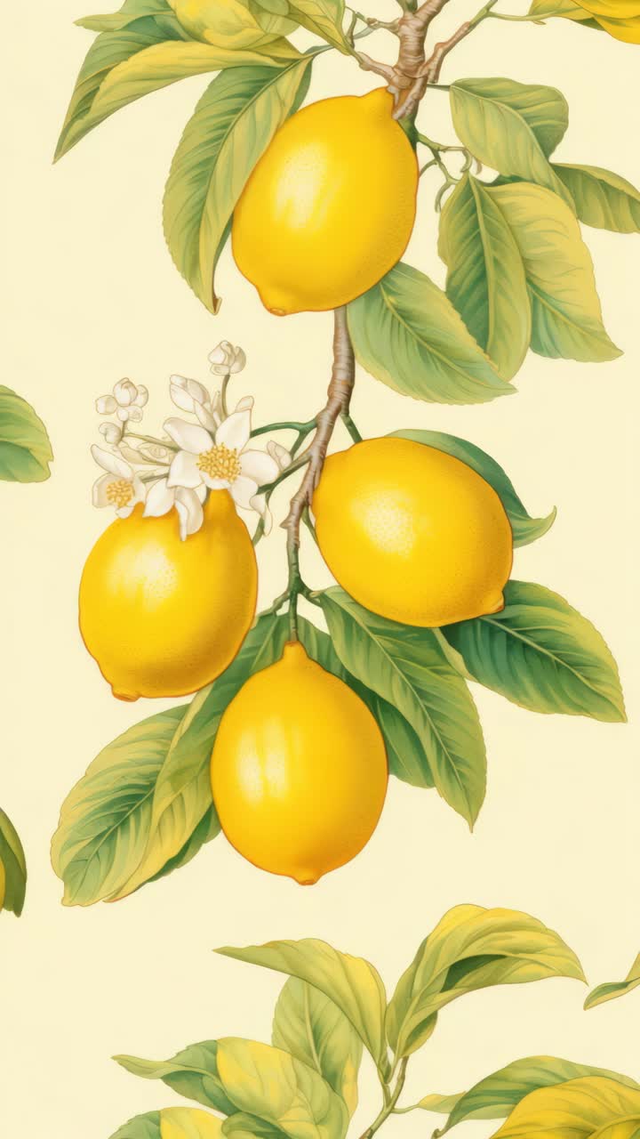 Illustrated lemons and leaves in a vintage style, captured from a straight-on angle, reminiscent