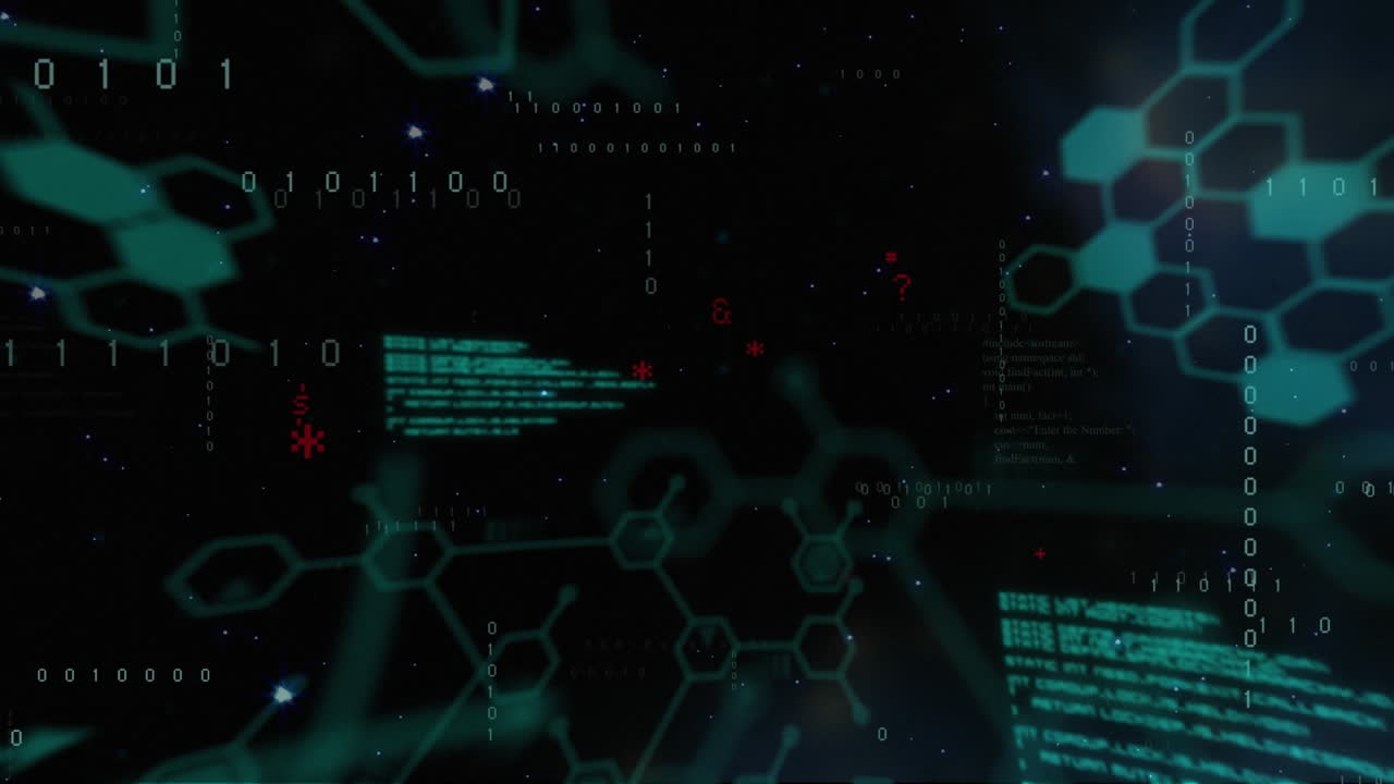 animación de lenguaje informático y códigos binarios con estructuras moleculares sobre fondo negro