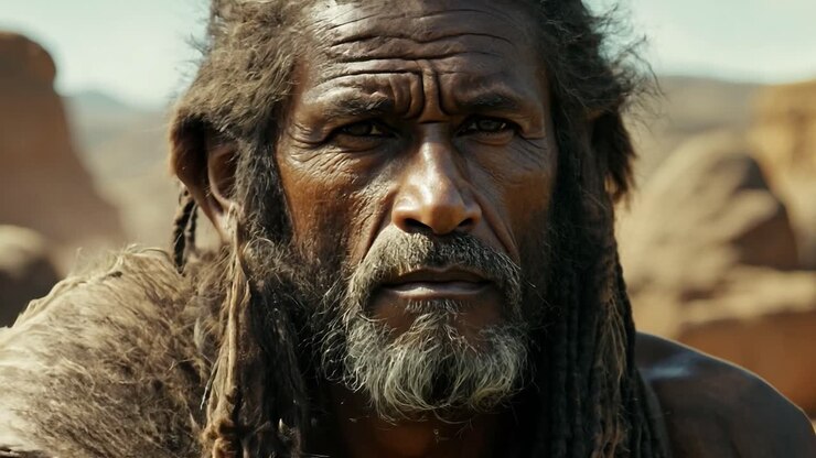 Close-up portrait of an old man with long hair and beard