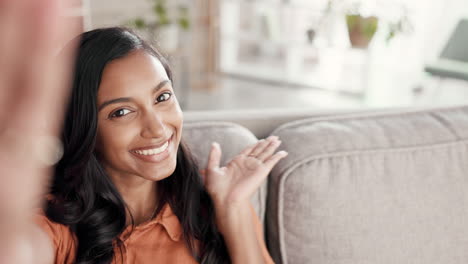 Woman,-face-and-smile-for-selfie-on-living-room