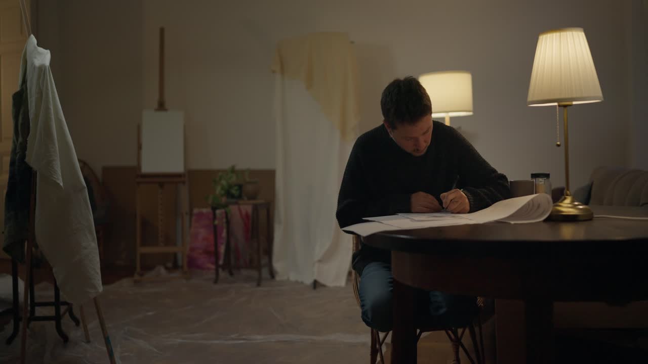 Artist Drawing in a Home Studio at Night