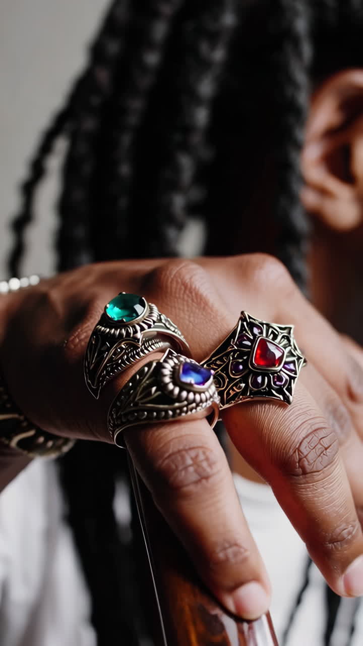 Close-up of Hand Adorned with Ornate Gemstone Rings