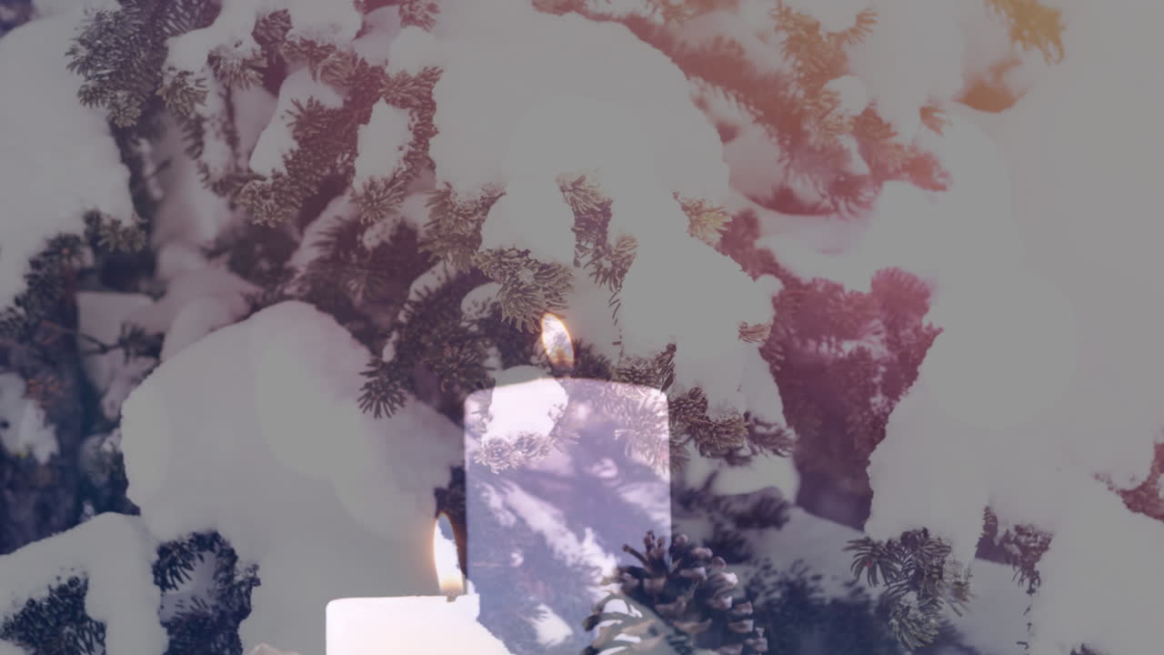 animación de velas sobre árboles de coníferas de invierno con nieve