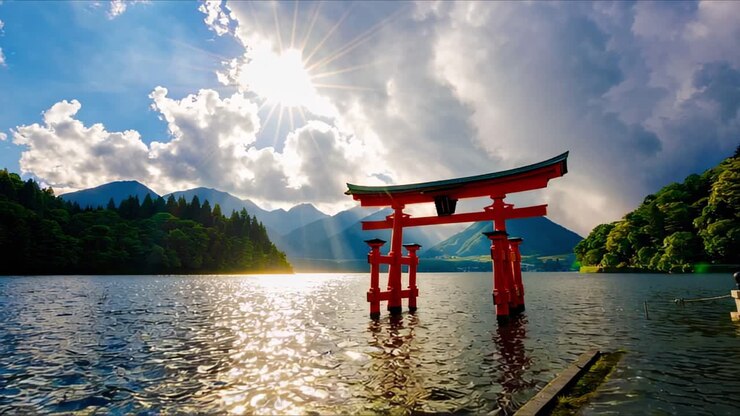 Torii giapponese su un lago