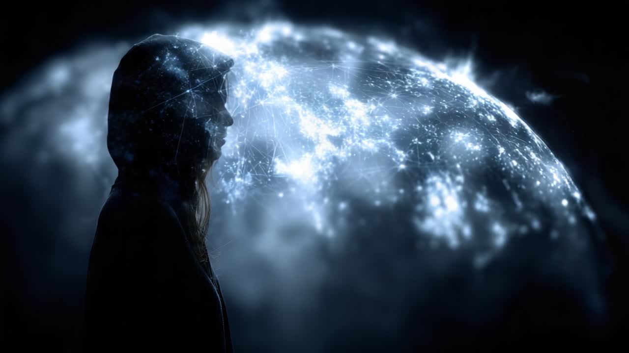 A Contemplative Silhouette Against a Cosmic Network of Light and Connection, Emphasizing the Intersection of Human Thought and Technology in a Digital Universe