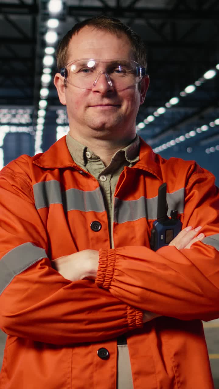 Vertical Video Industrial staff inspects steel equipment on factory floor in protective gear