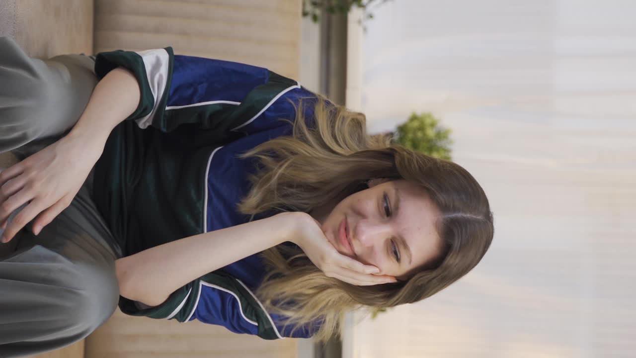 행복한 추억을 떠올리는 젊은 여성의 수직 비디오.