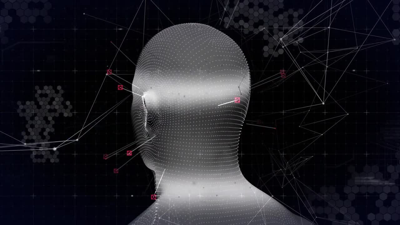 animación del procesamiento de datos sobre la cabeza humana digital y la red de conexiones