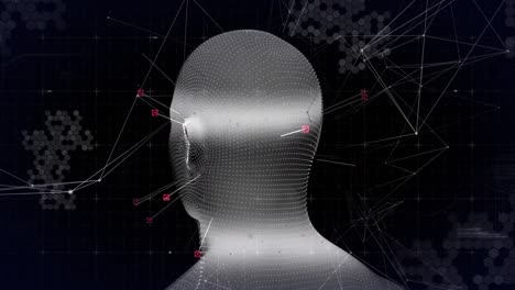 animation of data processing over digital human head and network of connections