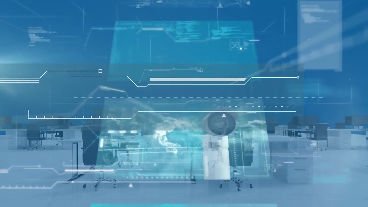 Animation of data processing on screens over empty office