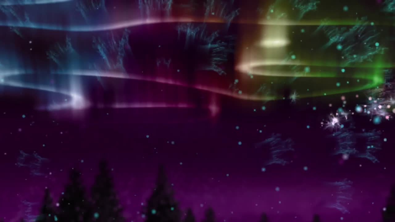 Animation of green, pink and blue aurora borealis lights moving over fir trees
