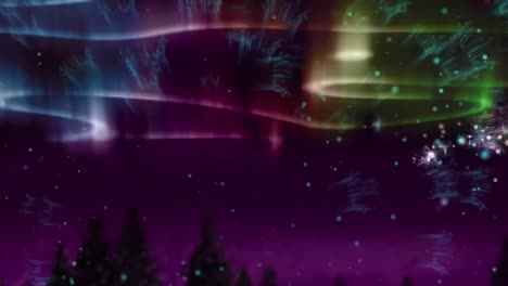 animación de luces verdes, rosadas y azules de la aurora boreal que se mueven sobre los abetos