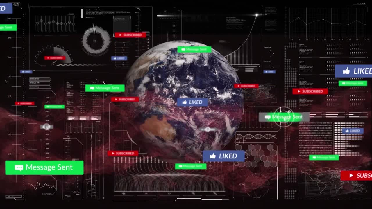 animación de iconos de medios y procesamiento de datos en todo el mundo