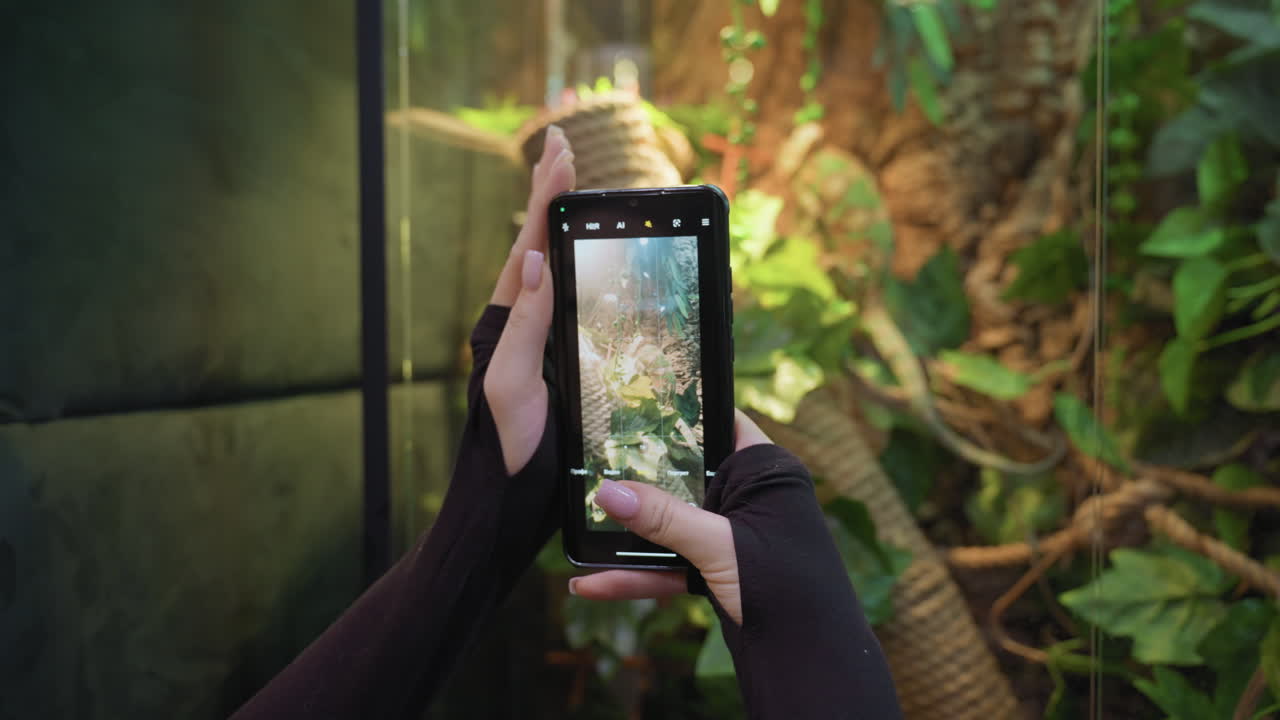 Hands of lady holding smartphone in landscape mode while capturing image of vibrant indoor greenery and textured rope structure behind glass in well-lit botanical environment