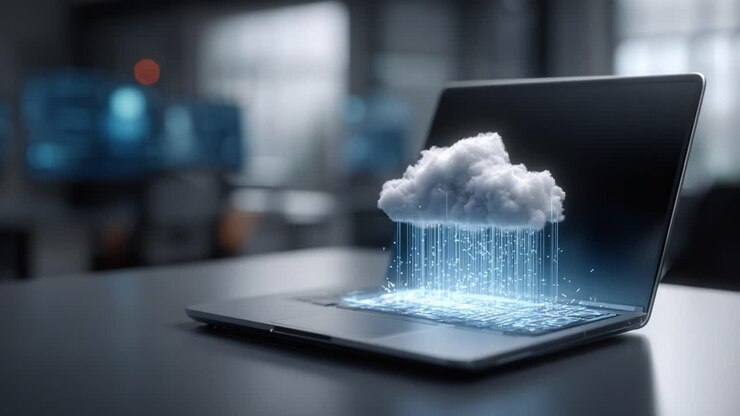 Visuel repræsentation af cloudcomputing-teknologi med en bærbar computer, der viser cloud-dataflow i et moderne digitalt arbejdsområde