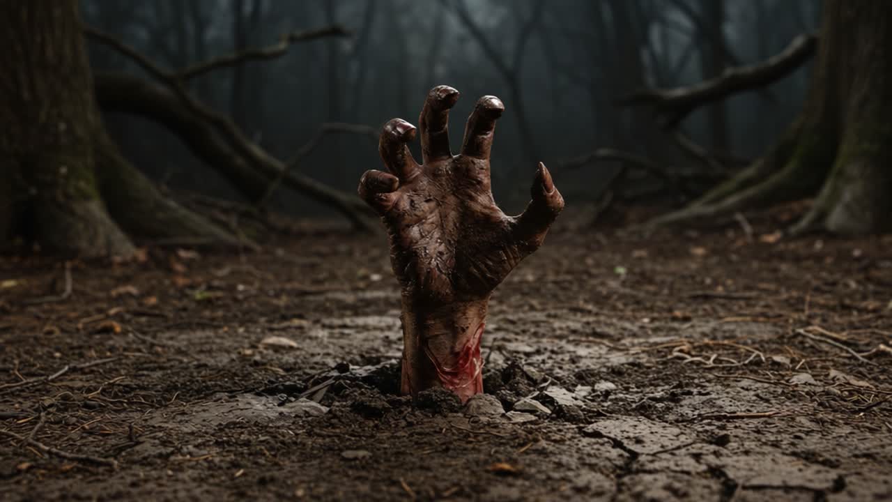 Una scena horror avvincente: una mano insanguinata emerge dal terreno in una foresta minacciosa, invocando paura e intrigo nelle ombre degli angoli più oscuri della natura.