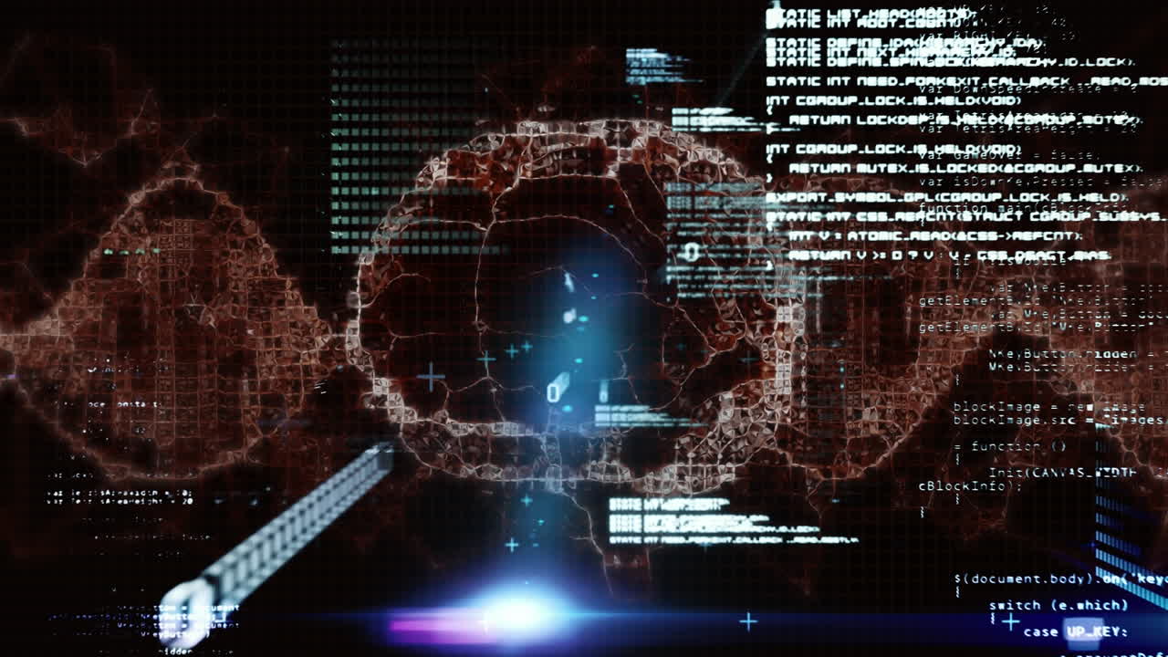 Animation of data processing over spinning human brain icons against blue light spot