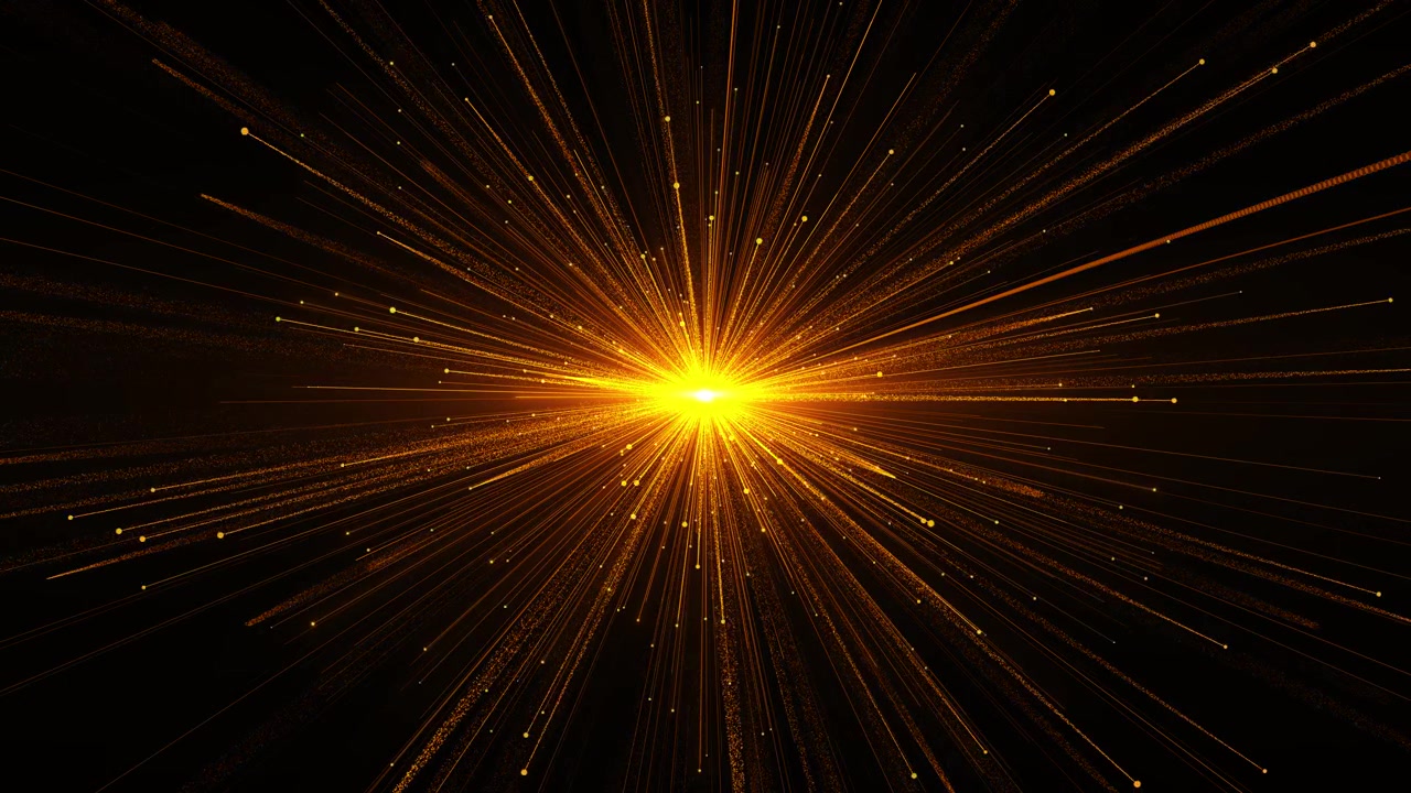 Golden star burst light bright center flare long radiant rays and sparkling particle trails black
