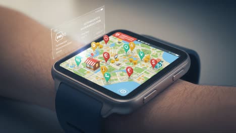 innovative smartwatch displaying interactive map with diverse location markers, highlighting various points of interest and digital interfaces for urban navigation