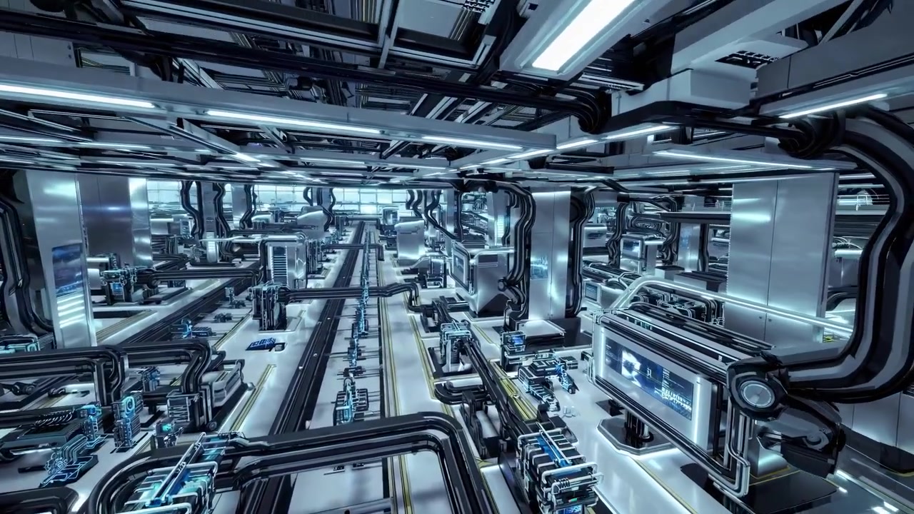 Futuristic Automated Factory with Advanced Machinery and Digital Infrastructure