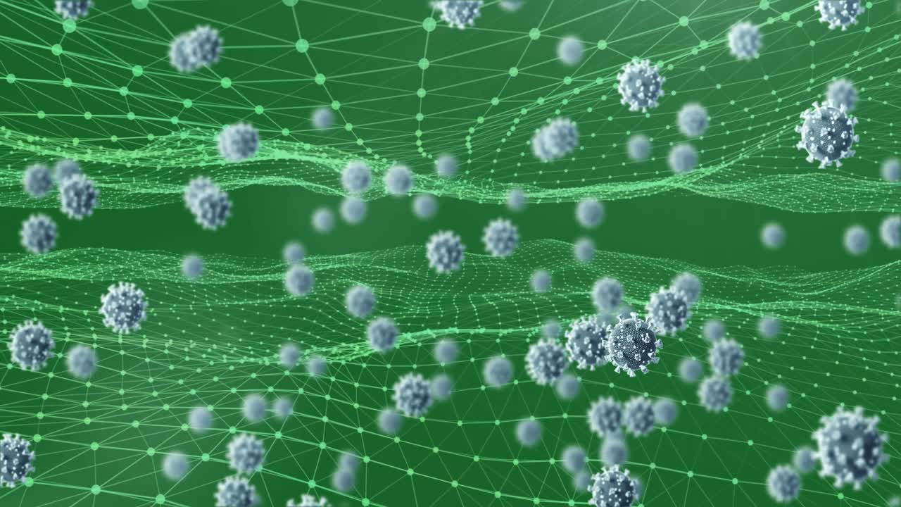 녹색 배경의 디지털 웨이브에 대한 코로나 19 세포